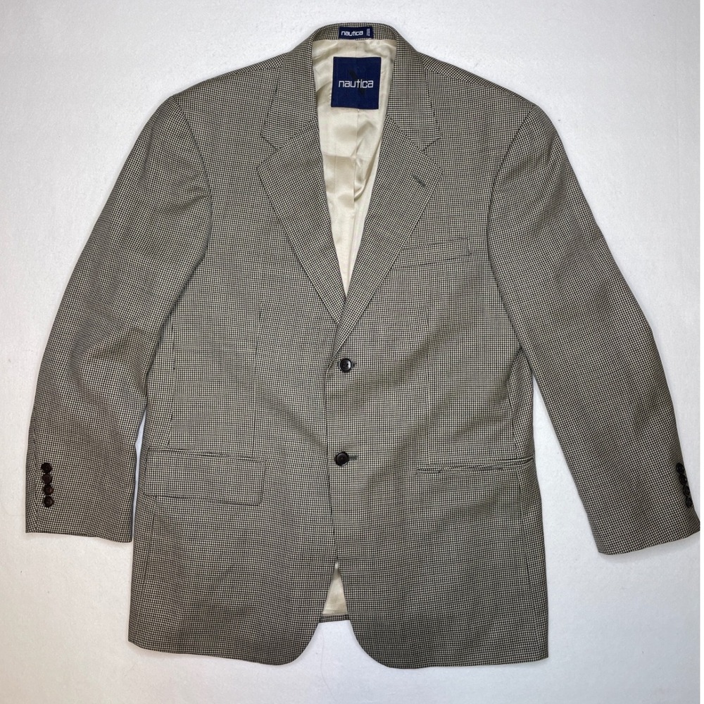 Nautica Mens Blazer 100% Wool Micro Houndstooth Two Button 42R Tan Black